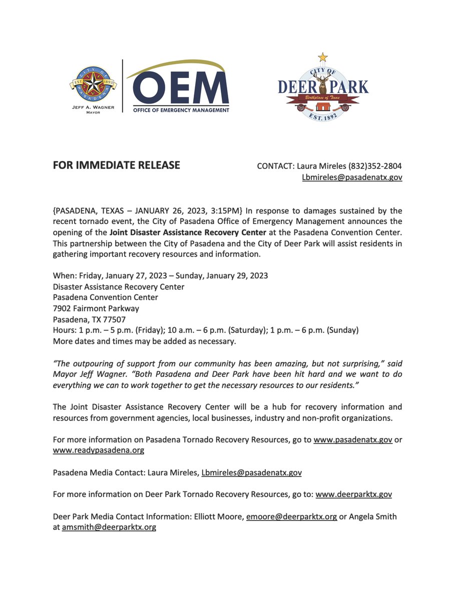 DEERPARKTXGOV's tweet photo. Starting  Friday, January 27, 2023, a joint disaster recovery center hosted by the cities of Deer Park and Pasadena will open. See the image attached regarding recovery center details. https://t.co/bnJUioJkcP