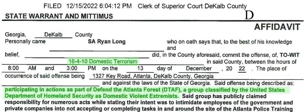 SDonziger's tweet photo. BREAKING: @ATLSolFund reports Georgia police brazenly lied in their sworn court affidavits by claiming climate protestors were designated "violent extremists" by the DHS – which the agency confirmed to the Washington Post is not true.

What else are Georgia police lying about? https://t.co/D4DmuMpbh4