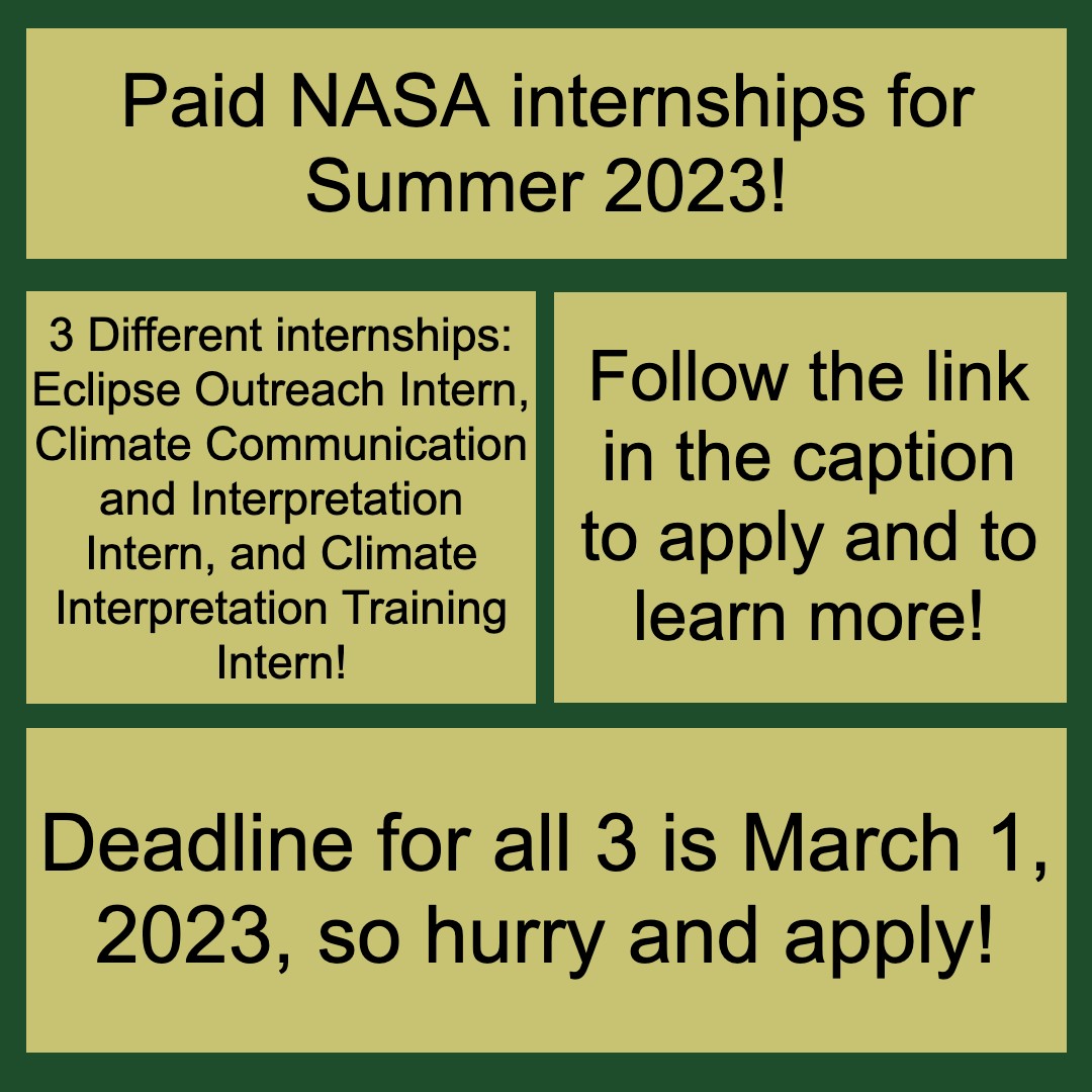 Follow this link to apply and to learn more!
intern.nasa.gov 
#GORAMS #CSU #NASA #SCIENCE #coloradostate