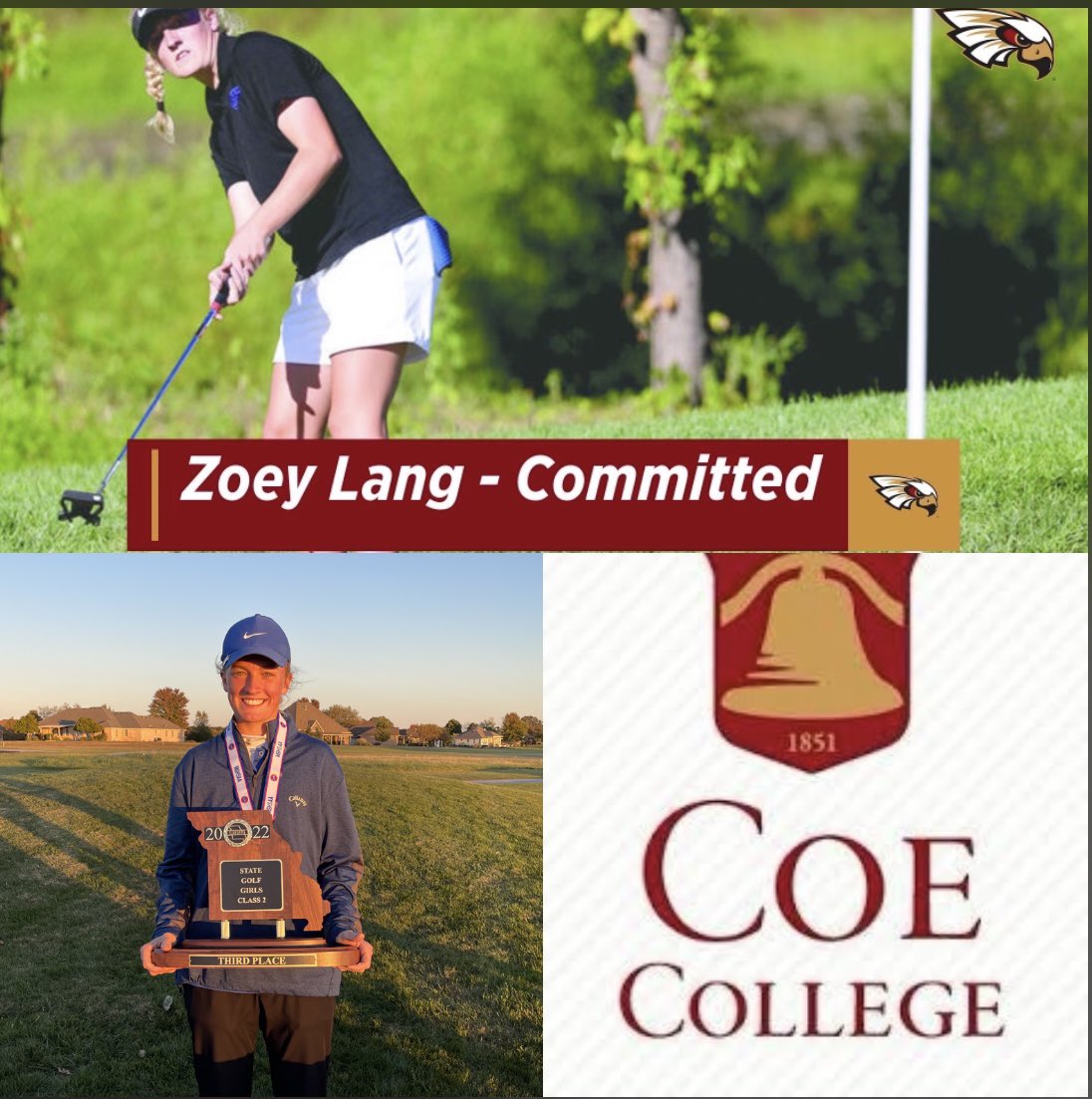ZoeyLang1's tweet photo. I’m extremely excited to announce that I have committed to Coe College to  further my academic and athletic career for the next 4 years. I would like to thank my coaches, family, friends and all other supporters on this journey. Go Kohawks!❤️💛 @CoeKohawkGolf https://t.co/WLg9FSLFut