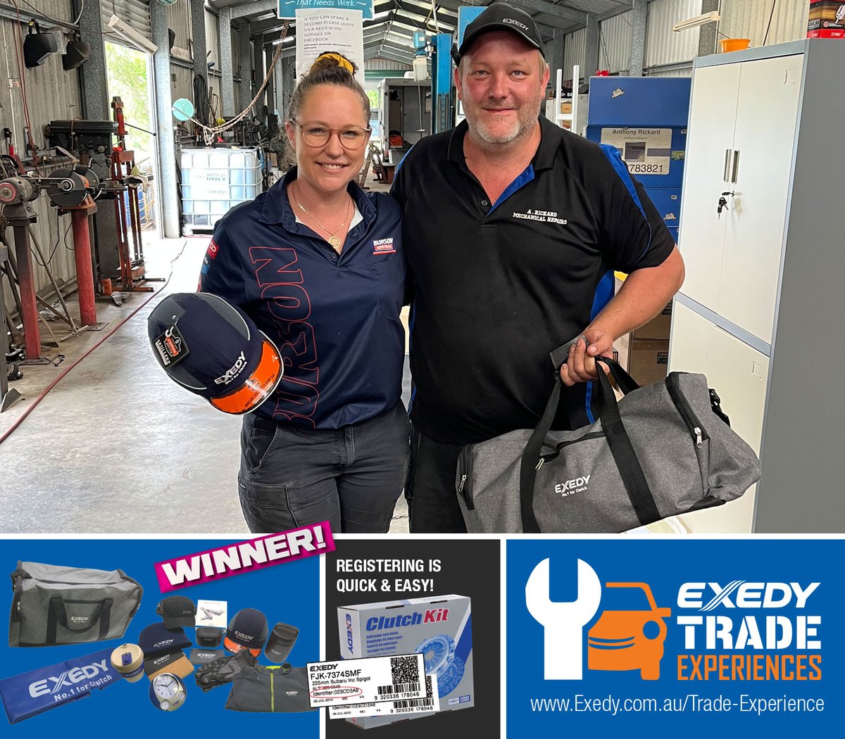 EXEDYAustralia's tweet photo. 🥳 Thank you Rachael White on presenting Anthony Rickard from @Anthony Rickard Mechanical Repairs Mount Nathan for winning the EXEDY Merchandise Giveaway! 🏁 https://t.co/bJ8I1hreib