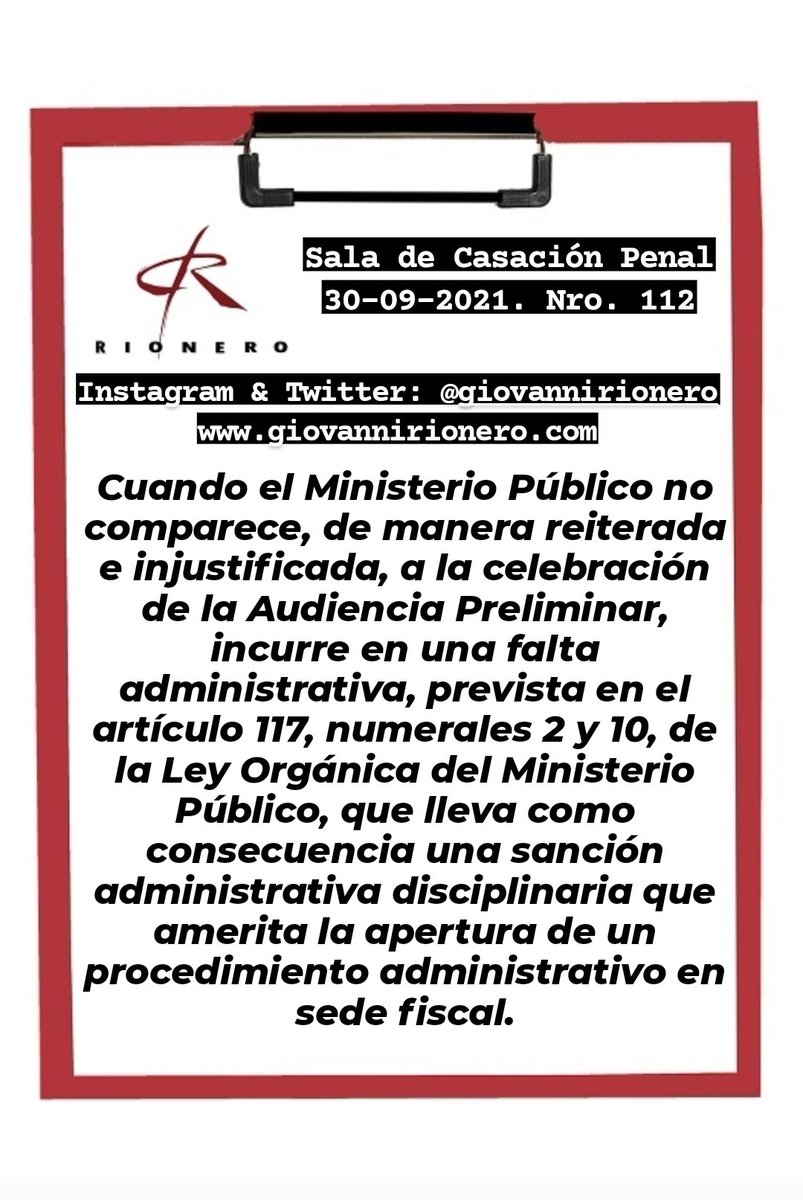 GiovanniRionero's tweet photo. #TBT Reciente sentencia en la cual se advierte que la incomparecencia reiterada e injustificada del fiscal a la celebración de la Audiencia Preliminar, acarrea la apertura de un procedimiento disciplinario en su contra. https://t.co/S4fbP11VRO