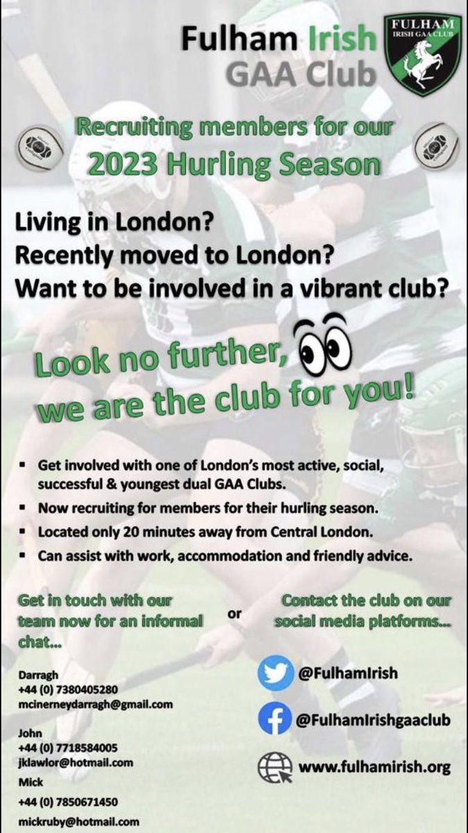 FulhamIrish's tweet photo. Want to play GAA in London this year - how have you not joined Fulham Irish yet? We’ll go to hurl and back to recruit you…. Get in touch and we’ll sort the rest. 🖤💚 https://t.co/okrWvGwItq