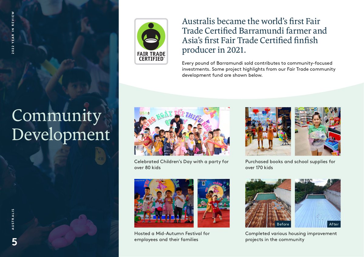 FairTradeCert's tweet photo. 🐟 In 2021, @AustralisAq became the first to offer #FairTradeCertified Barramundi. Since then, their farmers &amp; workers have invested fair trade Community Development Funds into projects like: home improvements, school supplies &amp; celebrations. Learn more: https://t.co/ZO0y7KVuRw https://t.co/mTcLn8JyUX