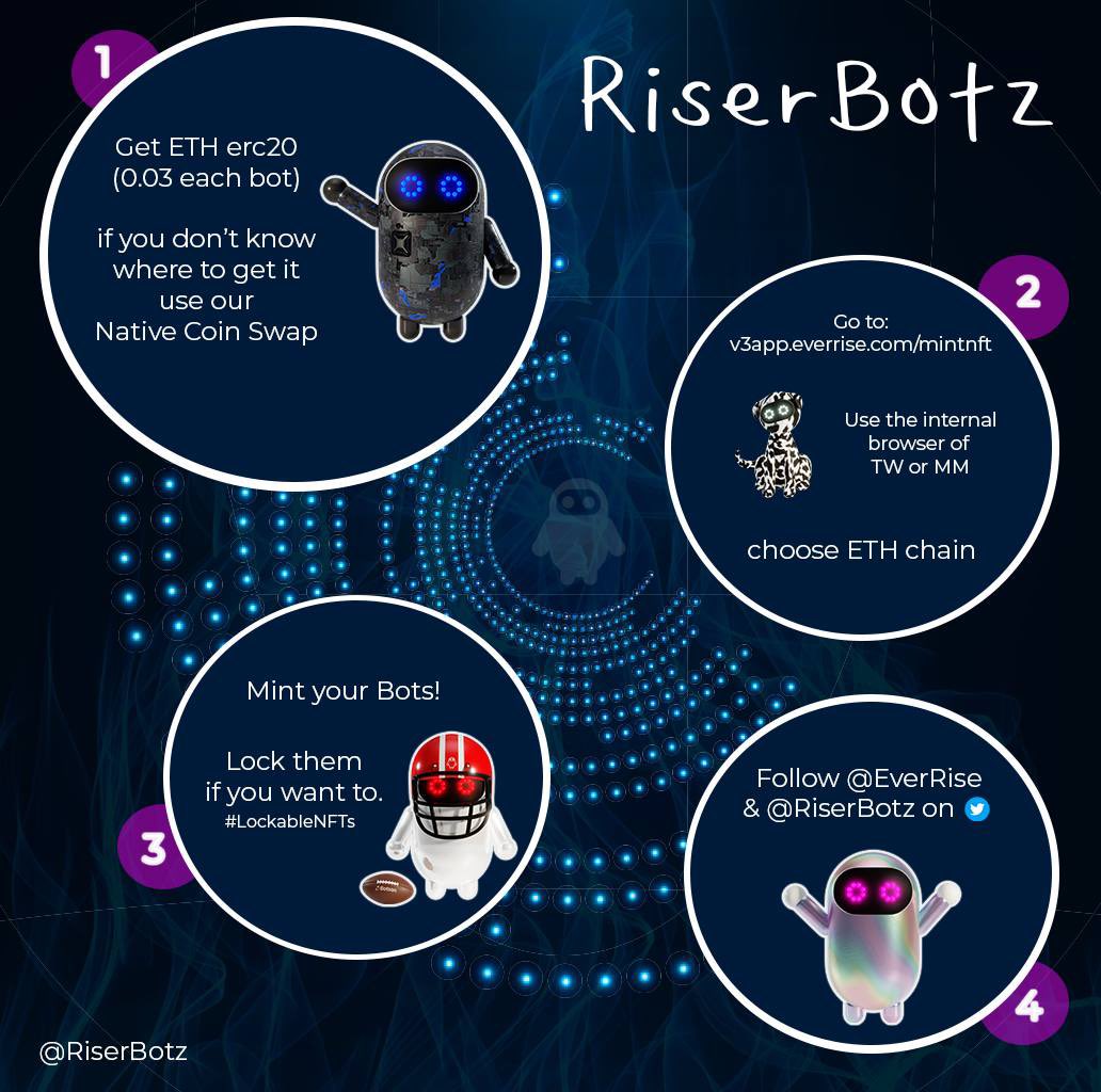 RiserBotz's tweet photo. Want to mint some #RiserBotz? π Just follow these simple steps! β€οΈ
π https://t.co/109DxWauaF
#LockableNFTs
#EverRiseNFTs
#NFTs https://t.co/e1wk6Uouk6