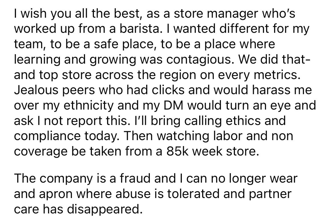 SBWorkersUnited's tweet photo. Over in Reddit, a Store Manager shared their thoughts on what’s happening on the campaign. 

“Unionize quickly so they can’t take more from you, it’s all threats and together you are stronger…. it's just a game to them and replacing you is easier than treating you right.” https://t.co/AdJ79I96AK
