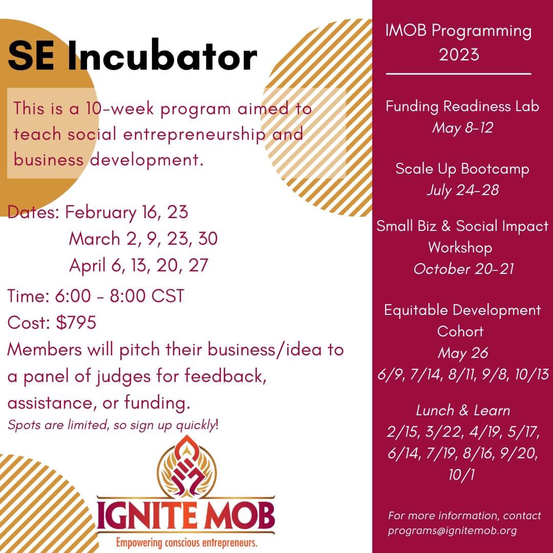 Are you wanting to get into the social entrepreneurship community, but don't know where to start? Or maybe you need help developing your current business?

Social Entrepreneurship Incubator starting in February. 
Spots are limited so sign up now.

bit.ly/3iTG2tq