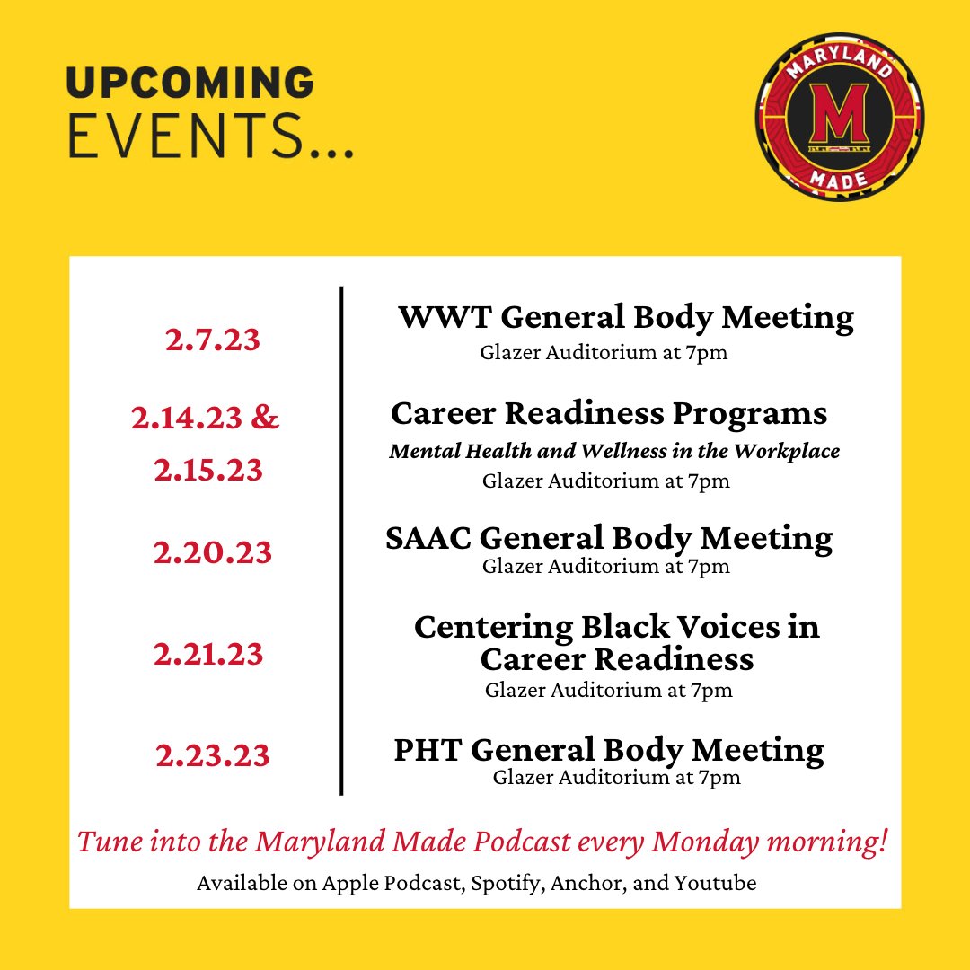 MDMadeTerps's tweet photo. Did you miss us?!👀
The Maryland Made team has been working and is ready to make this semester a great one! 🔥🫡
Be sure to mark your calendars for all of our upcoming events! You won’t want to miss them!😅
#MDMade #CareerReadiness #IdentityDevelopment #LeadershipEd https://t.co/XyXiVHnx2w