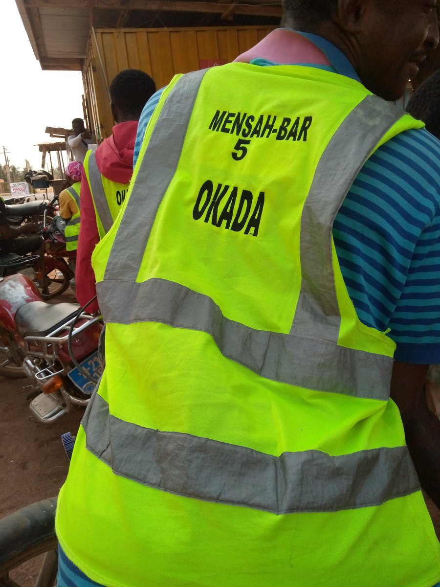 BDrinkup's tweet photo. A 40-member group of motorcyclers at Mensah Bar - Oyibi District, have taken safety measures for their passengers.
A vest uniform with individual numbers for each member as an identification to allow passengers report to leaders on issues of reckless driving or misconduct. https://t.co/TdsYQxjkwy