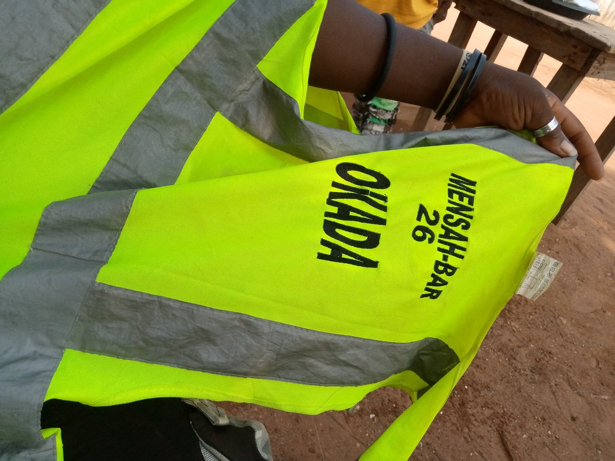 BDrinkup's tweet photo. A 40-member group of motorcyclers at Mensah Bar - Oyibi District, have taken safety measures for their passengers.
A vest uniform with individual numbers for each member as an identification to allow passengers report to leaders on issues of reckless driving or misconduct. https://t.co/TdsYQxjkwy