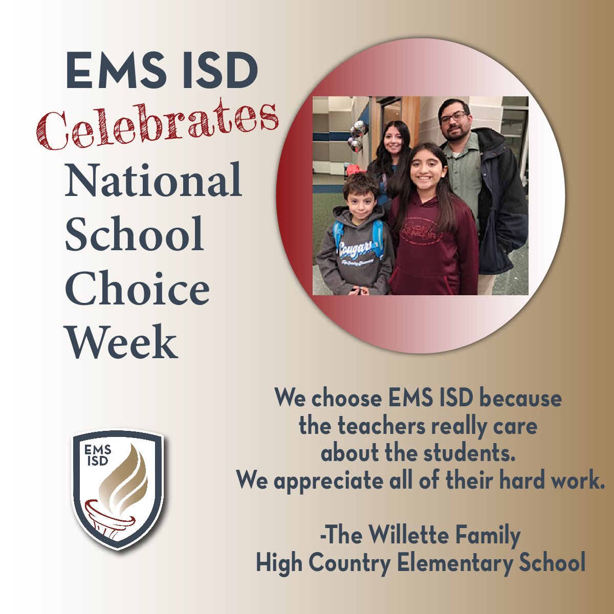 EMS ISD celebrates National School Choice Week with the Willette family from <a href="/HighCountryElem/">HighCountryElem</a> 
"We choose EMS ISD because the teachers really care about the students. We appreciate all of their hard work."
Why do you choose EMS ISD?
#EMSproud #ChooseEMSISD