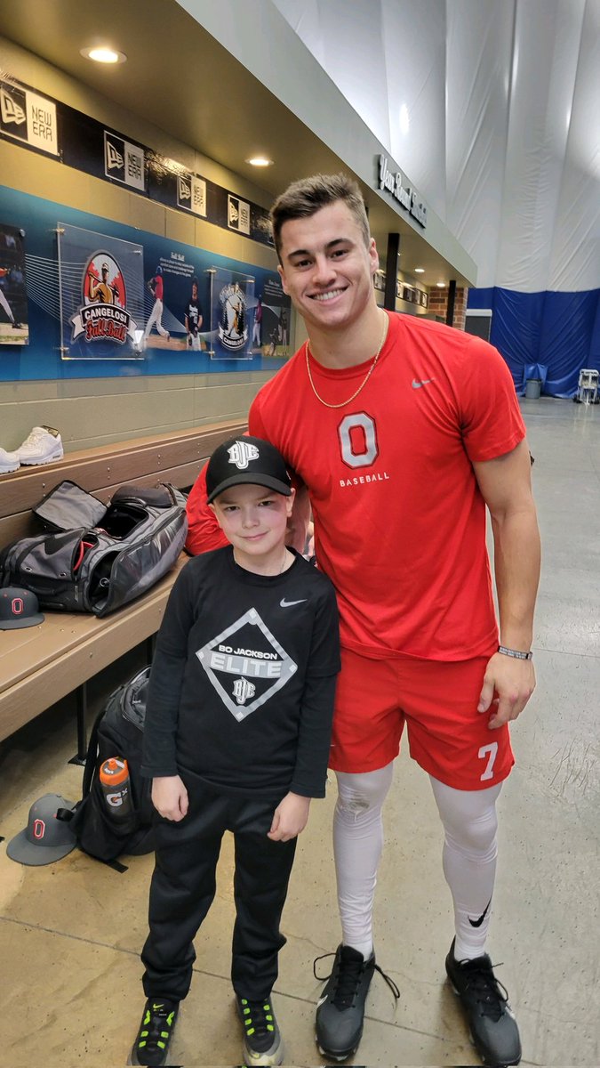 LindsRB81's tweet photo. Mikey has been able to watch the @OhioStateBASE practice the past few weeks while at the Bo Dome. Today, my little #7 found @KadeKern,their #7 🤩   Thanks Kade, you made his night!  He'll be there to cheer you on this season- he is your number 1 fan!  ⭕️🙌❗️⭕️ https://t.co/YiWQBFJbb7