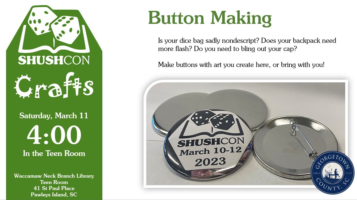 shushcon's tweet photo. This year ShushCon is getting crafty!  

Not only will we have lots of great games to play, but you will be able to make neat things and take them home.

ShushCon23 runs March 10-12, 2023. 
Hosted at the Waccamaw Neck Branch Library in Pawleys Island.
#shushcon23 #shushconcrafts https://t.co/7sBzpenlW7