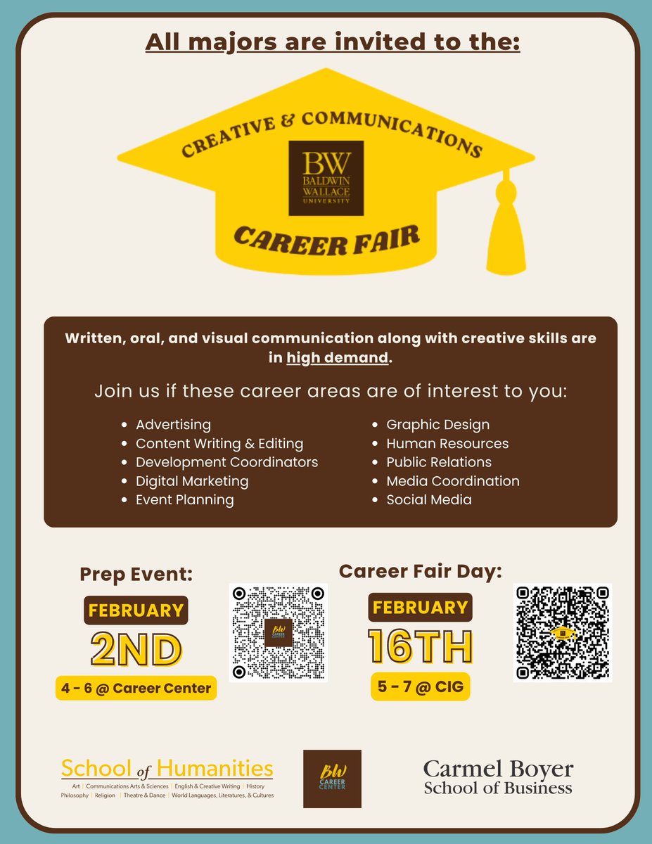 Please consider attending the Creative and Communications Career Fair! There will be opportunities for students to network, explore their career options, and more! Not sure where to start? Stop by the Prep Event at the Career Center to get tips, tricks, and assistance. 📝