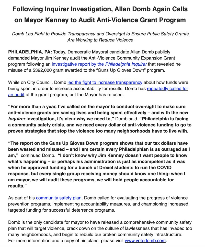 BREAKING: Today I’m calling on Mayor Kenney to audit anti-violence funding, after <a href="/PhillyInquirer/">The Philadelphia Inquirer</a>  exposed critical funding was being misused.