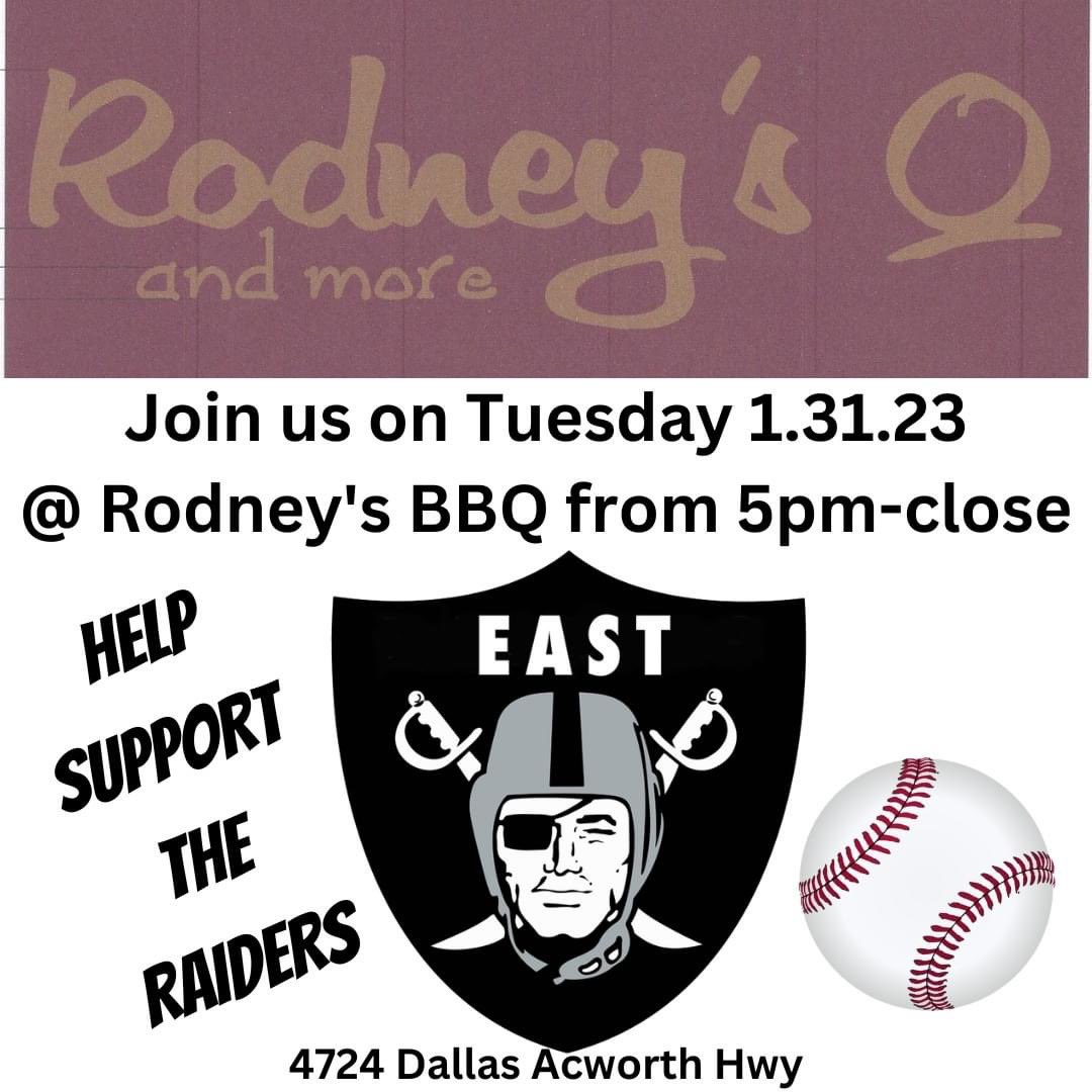 Rodney's Bar-B-Que and Catering is supporting the Raiders baseball team and we hope to "see ya at Rodney's" on Tuesday 1.31.23 from 5pm-close.
