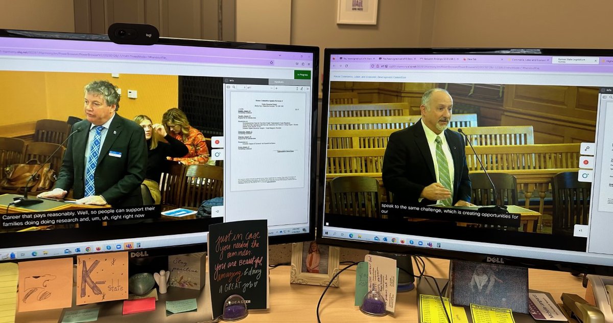 DavidRosowsky's tweet photo. My colleague, counterpart, and friend Simon Atkinson (Vice Chancellor for Research at @UnivOfKansas) and I provided double-barreled testimony (presentations to two different committees at the same time) at the #KS State House today. #PowerofPublics @KStateResearch @ResearchAtKU https://t.co/MLigG9O5WP