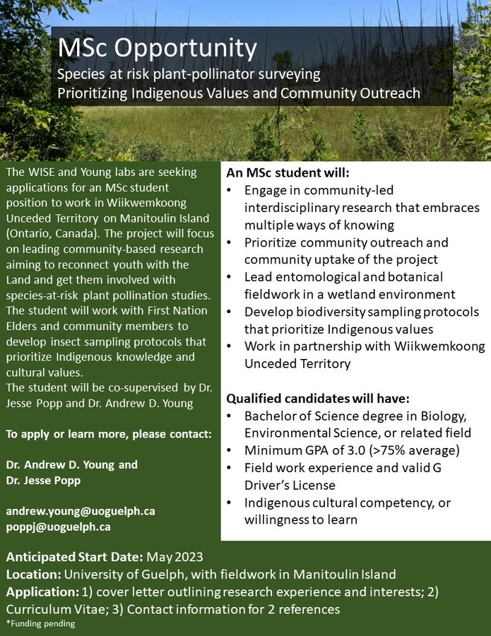 Still time to apply for this MSc position! Come work with Wiikwemkoong Unceded Territory, my lab, and @JessPopp's  #WISElab at @UofG_SES