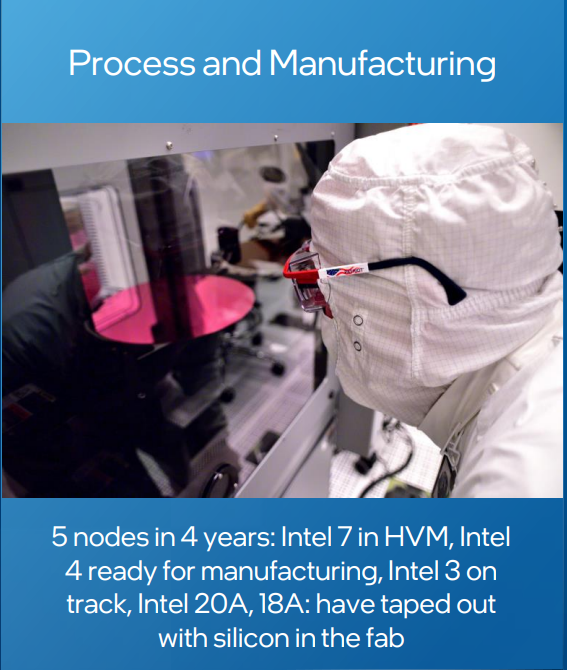 PatrickMoorhead's tweet photo. Intel core tech still "on track":
-Intel 4 "mfg ready"
-Intel 3 "on track"
-18A/20A: "silicon running in fab" "of a major potential foundry customer"
-Meteor Lake "on track for 2H CY23"
-Lunar Lake "on track for prod readiness CY24" 

The biggest determiner of future
(6/🧵) $INTC https://t.co/lioCOqpmNq