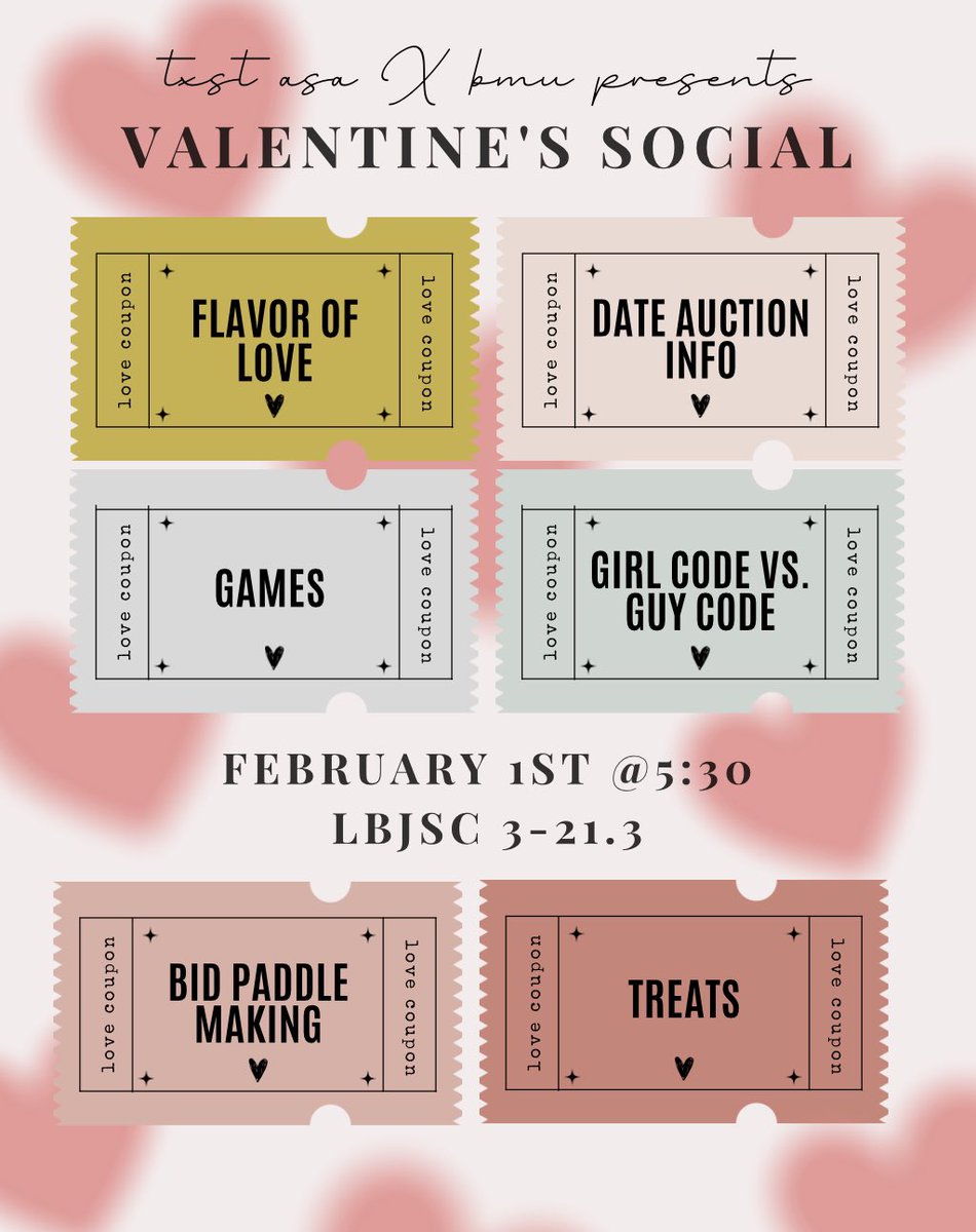 Do you love us? Do you love us not? 🤭
Join us &amp; <a href="/TxStateBMU/">Black Men United</a> for a Valentine's Social in LBJSC 3-21.3 with games, treats, &amp; discussions, as well as more information on our upcoming Date Auction charity event!