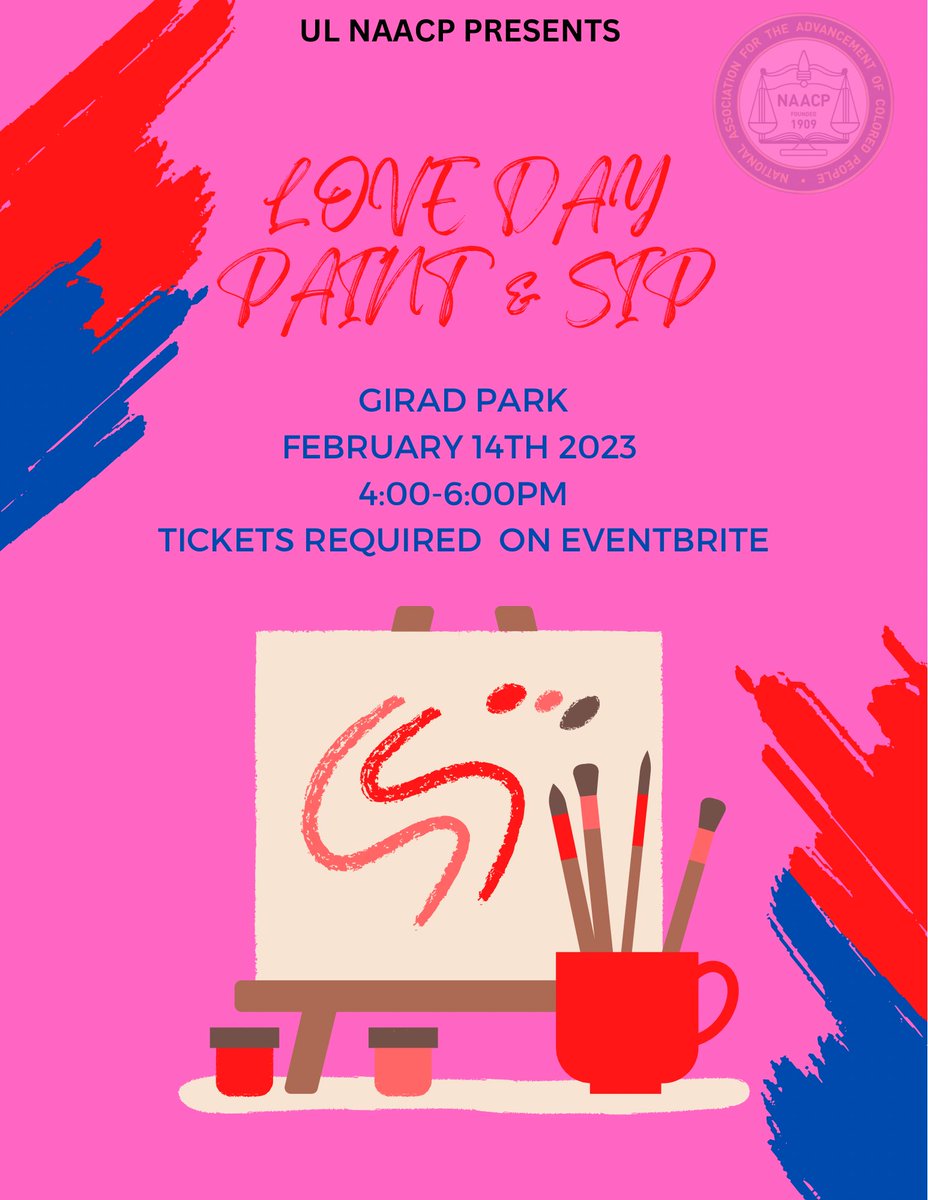 ul_naacp's tweet photo. We heard it’s cuffing season!👀 

Join us on February 14, 2023 @4:00-6:00PM for our  LOVE DAY PAINT &amp; SIP!!💗❤️

You and your lover (or friend) will be able to participate in an evening of relaxation, creativity, and complimentary cocktails. All while watching the sunset.🌅 https://t.co/OkDJJ6WJFG