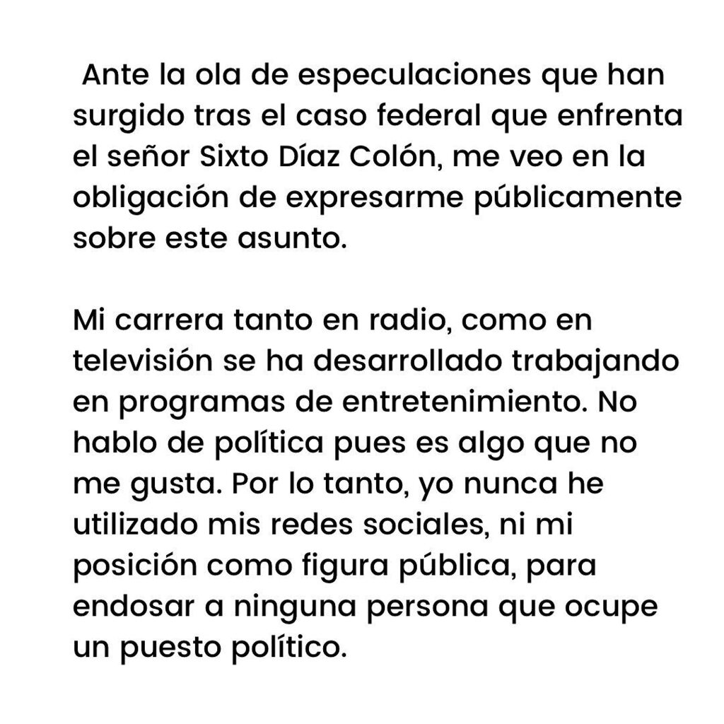Declaraciones de Angelique Burgos sobre lo que se ha publicado del caso del productor Sixto George.

Ante la ola de especulaciones que han surgido tras el caso federal que enfrenta el señor Sixto Díaz Colón, me veo en la obligación de expresarme públicam… instagr.am/p/Cn5RjVQLFk9/