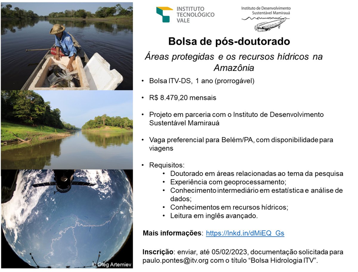 🚨 Open post-doc position: Protected areas and water resources in the Amazon. For GIS experts and hydrologists. Interdisciplinary project to be developed in Belém/PA at the Vale Institute of Technology, in collab with our group at the Mamirauá Institute itv.org/imprensa/bolsa…