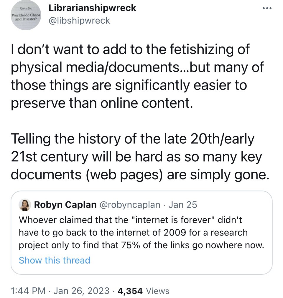 tmccormick's tweet photo. @libshipwreck "digital dark age": loss of history as files, software, hardware become corrupt or inaccessible https://t.co/wJe4S85EFU. 
As #GeorgChristophLichtenberg wrote in 18thC, "perhaps in time the so-called Dark Ages will be thought of as including our own" c/@robyncaplan #DigitalDarkAge https://t.co/Rt6sbf0W2F