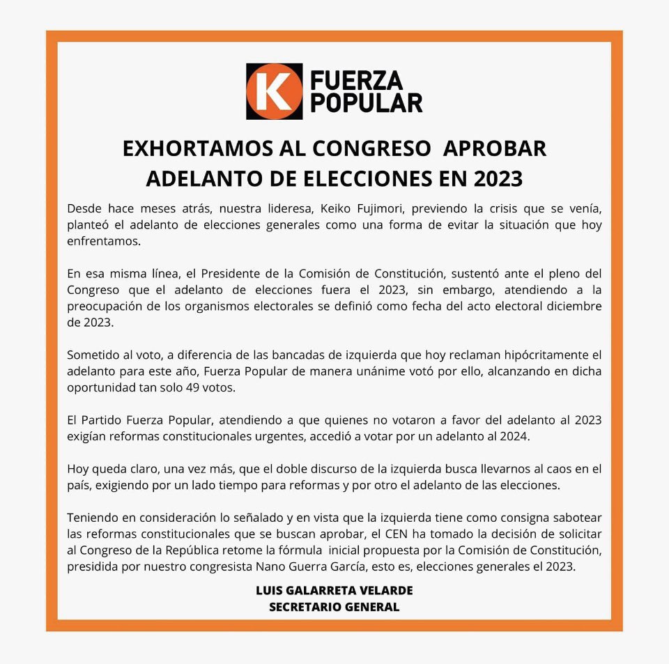 adrianatudelag's tweet photo. Si Fuerza Popular cree que proponiendo nuevamente elecciones en el 2023 pone a la izquierda contra las cuerdas, están seriamente equivocados. Le están haciendo el juego a la izquierda y entregándole el país al caos y a la violencia. https://t.co/M2gj0SsOrf