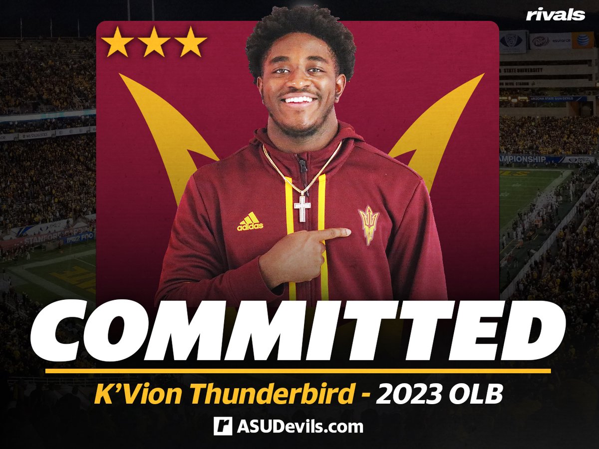 DevilsDigest's tweet photo. BREAKING: 6-1 205-pound 2023 Chicago linebacker K’Vion Thunderbird commits to ASU after visiting Tempe last weekend. He chose the Sun Devils over Oregon, Colorado, Tennessee, and Purdue https://t.co/3mWOnW5rDK