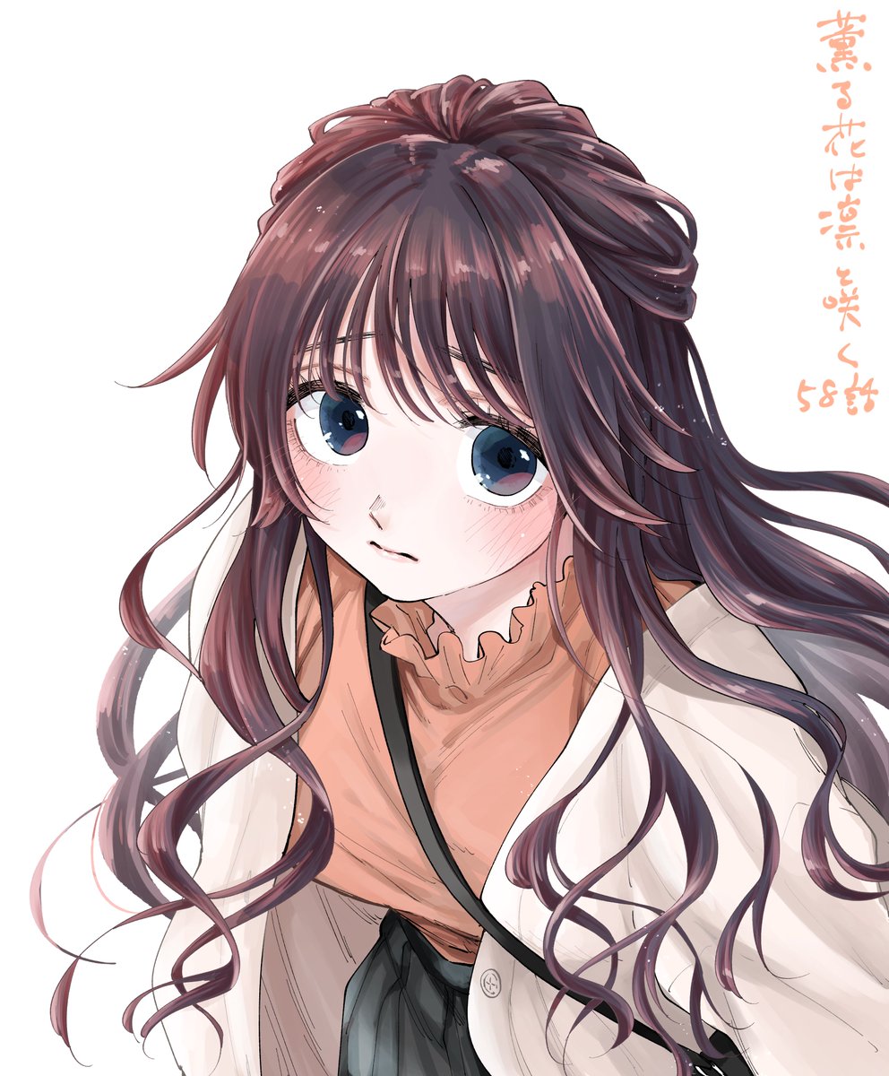 1girl solo long hair brown hair white background looking at viewer blush  illustration images