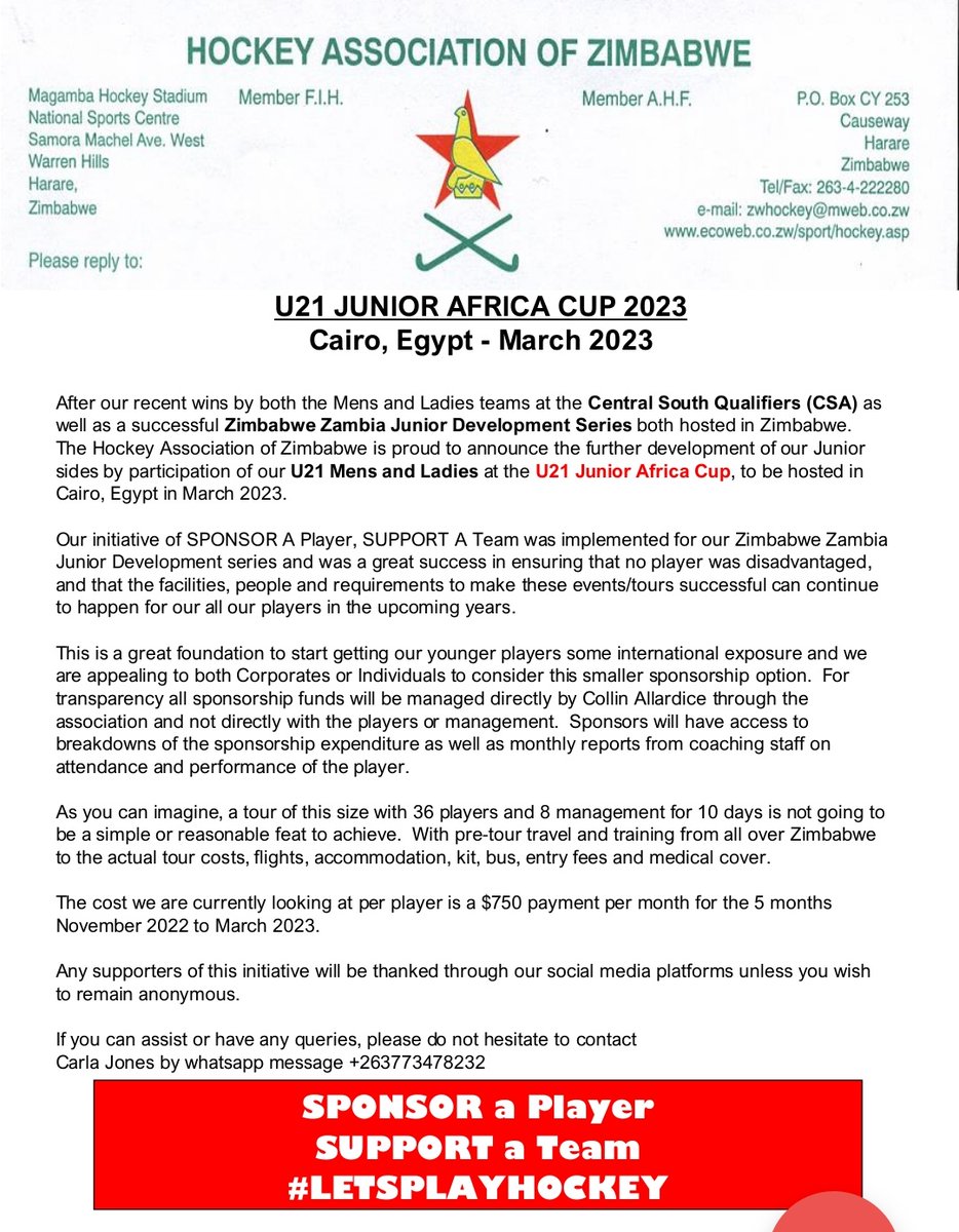 tawah_munthali's tweet image. The Zim U21 Hockey teams are appealing for donations ahead of their participation in the U21 Junior Africa Cup pencilled for Egypt in March 2023.

Tonight they will hold exhibition matches at St John's Educational Trust (SJET) ASTROTURF.