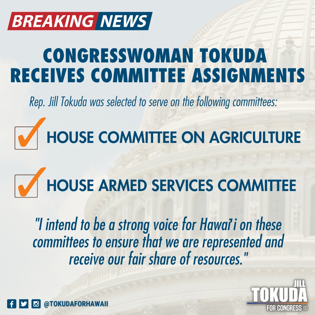 I'm proud to announce that I will be serving as a member of the House Committee on Agriculture and the House Armed Services Committee. Very much looking forward to the great work ahead  and delivering results for the people of Hawaiʻi.