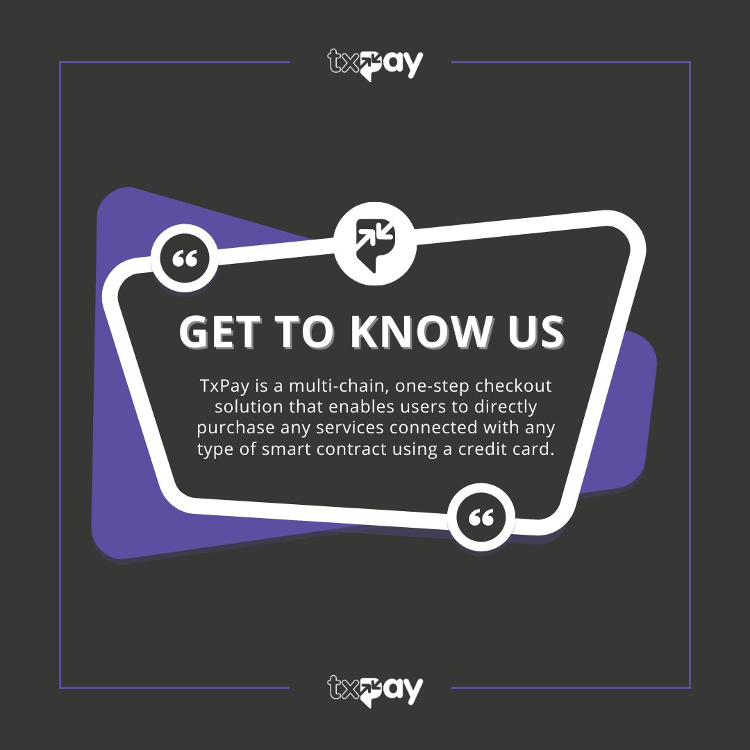 TxPay is a multi-chain, one-step checkout solution that lets users pay with credit card for services provided through any kind of smart contract.

Learn more about our project. Visit the linktree in our bio!

#NFT #Algofam #txPay #Zilfam #crypto #debit #CreditCard #BSC #ETH #SOL