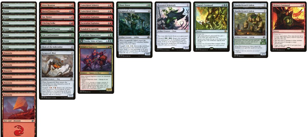 MtgDecisions's tweet photo. Game one in a BRO Limited event. Do you cast Epic Confrontation this turn? Deck in second image. https://t.co/MN5zhLizhM