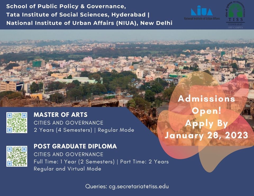 OffTiss's tweet photo. #StudyAtTISSHyderabad #ADMISSIONALERT2023
PG programmes in Cities & Governance #CityFinance #CityPlanning #MachineLearning #RandPython #QGIS
For details:
1. https://t.co/bP5LJjxsWv (MA)
2. https://t.co/7FztqQVcey (PGD)
Applications closes 28thJanuary 2023. #Apply https://t.co/Af0j1foGRq