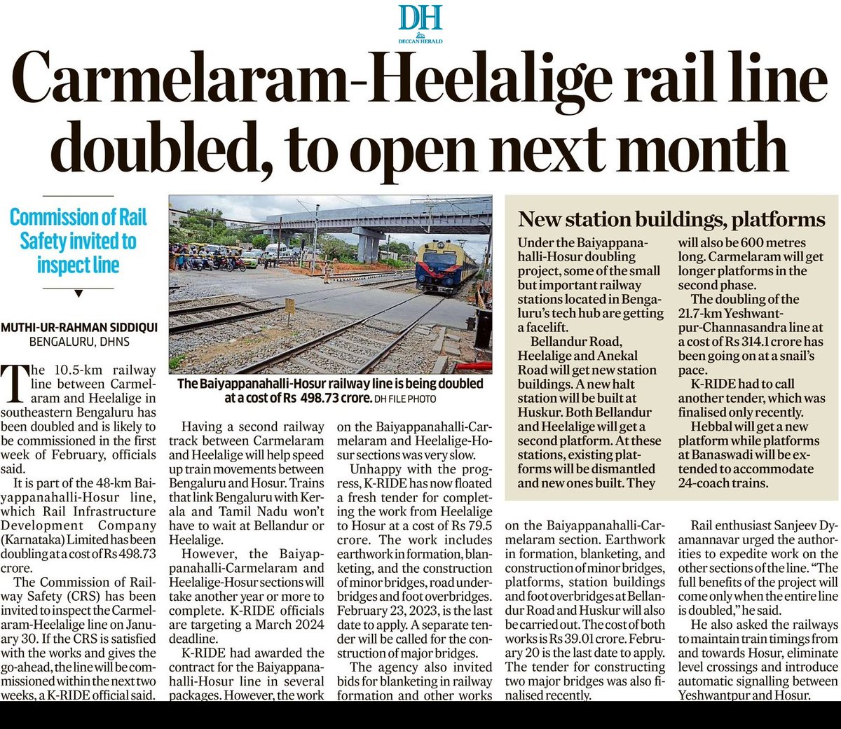 10.5km #CarmelaramHeelalige double rail line to open in Feb; 48km #BaiyappanahalliHosur double line by 03/24. 
Bellandur, Heelalige &amp; Anekal to get new station bldgs, longer platforms; Huskur a halt stn. Bids called for works. 
<a href="/KARailway/">Karnataka Rail Users</a> <a href="/srinualavilli/">Srinivas Alavilli</a> <a href="/rajdugar/">Rajkumar Dugar</a> <a href="/0RRCA/">Outer Ring Road Companies Association ®</a>
