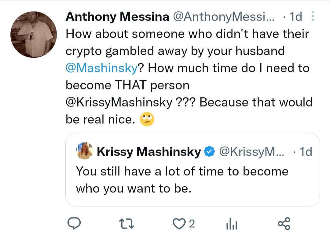 AnthonyMessina's tweet photo. @TiffanyFong_ @Mashinsky His wife @KrissyMashinsky, the "life coach", blocked me because she didn't like my response to her tainted motivational tweet. 🙄 https://t.co/syVhJbUd1l