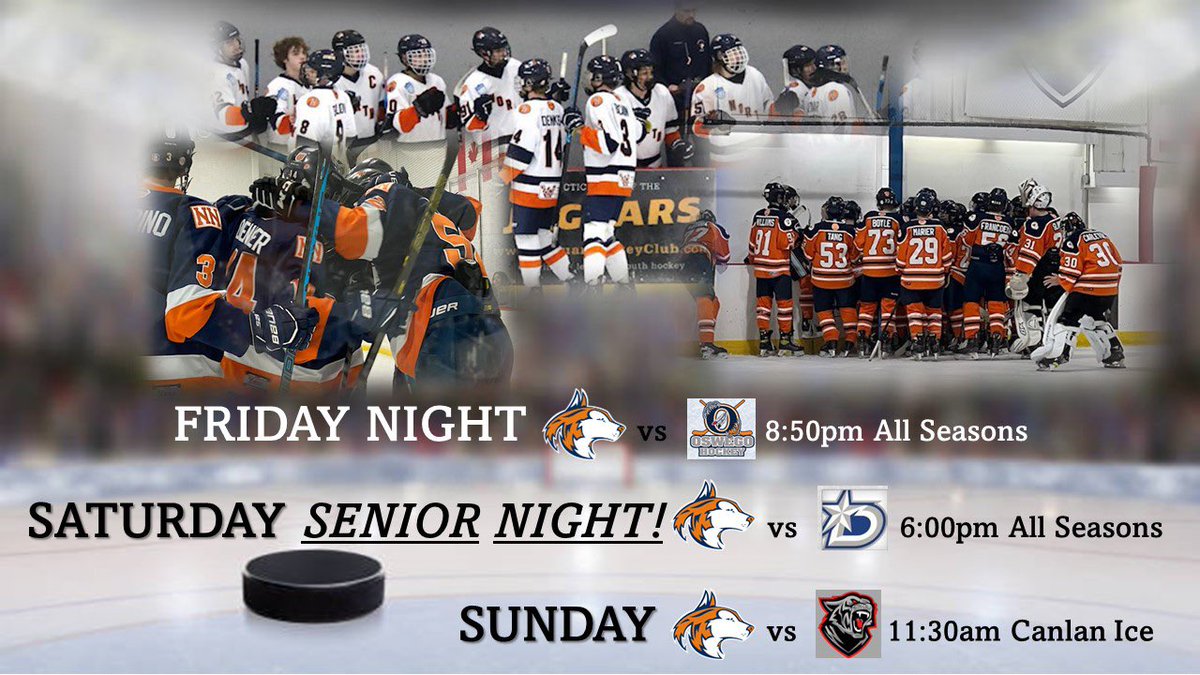 nnhhc's tweet photo. Action packed weekend of Hockey! Free Huskies swag Friday 8:50 and Saturday night 6:00 for NNHS student fans! SENIOR NIGHT is Saturday 6:00 ! Sunday game time 11:30!  Come on out, pack the stands! @NNathletics @NNactivities https://t.co/p8JBIciIIl