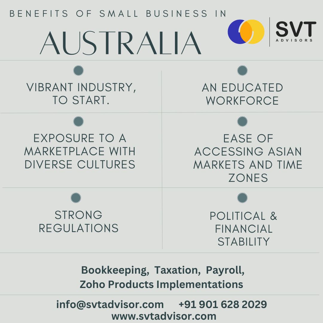 SVTAdvisors's tweet photo. Here are some benefits of small business in Australia...
#svtadvisors #australia #smallbusiness #accounting #offshorestaffing #outsourcebookkeeping #atoaustralia https://t.co/Pwe6W9IiJV