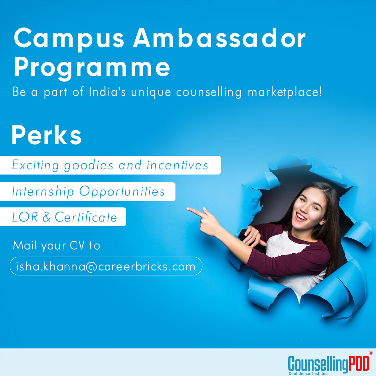 CounsellingPOD's tweet photo. Greetings from CounsellingPOD!

Offering an excellent opportunity to learn, network, strategise and lead through our Campus Ambassador Program.

We are searching for dedicated Campus Ambassadors whose primary goal will be to promote and spread awareness about CounsellingPOD in th https://t.co/oXsponmRvJ