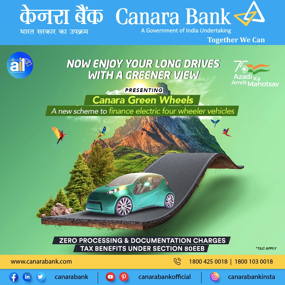 canarabank's tweet photo. Canara Bank presents Canara Green Wheels scheme to finance your electric four-wheeler vehicles. Know more: https://t.co/kG9JjWrJl7

#CarLoan #Finance #LowerInterestRates #EasyEMI https://t.co/nh7JuytDQ8