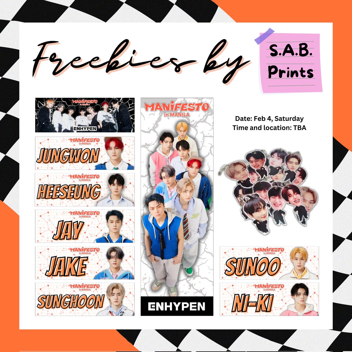 Hiii 💗 I'll also be giving away freebies on Feb 4 #MANIFESTO_IN_MANILA 

Hand banner + keyring of your choice 😉

I might ask you to follow sab.prints on IG sa Dday before claiming 🙏

Like and RT to spread the word 😉 See you engenes 😘