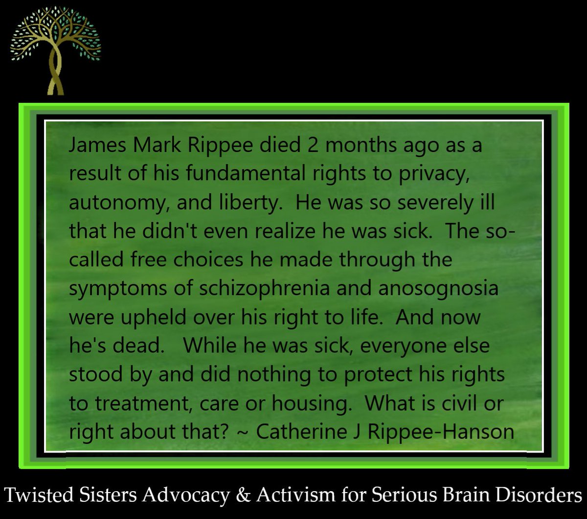 RippeeHanson's tweet photo. https://t.co/vdgHDbrVyU
#RIPMarkRippee #TreatmentB4Tragedy #HousingThatHeals #RedefineGravelyDisabled https://t.co/eUMLgpCmBd