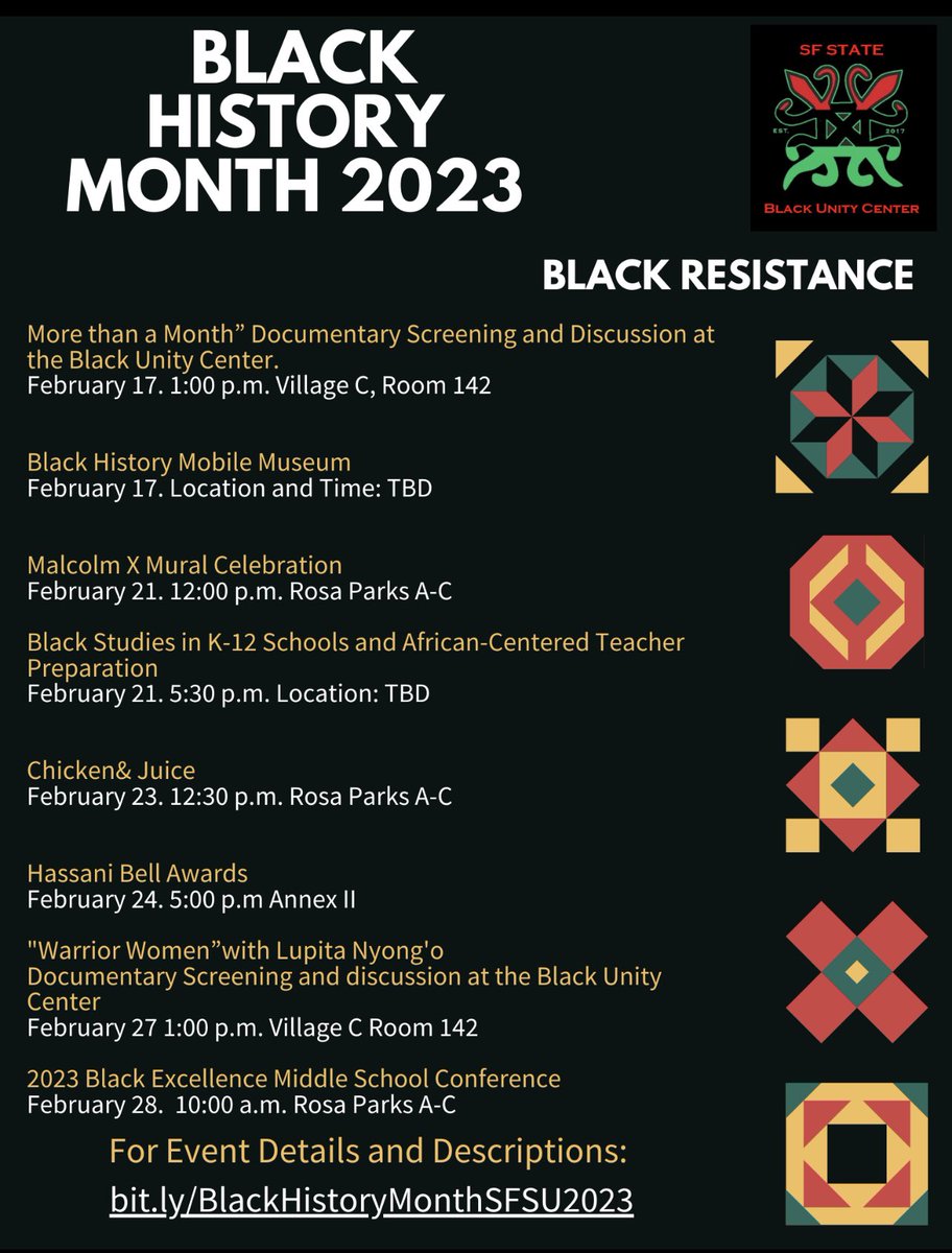 tarshelbeards's tweet photo. Black History Month 2023 is my last month serving as Director of the @blackunitysfsu. Happy to spend the month in community celebrating Our History, Ancestors, Culture and Joy. Join us. #BlackUnitySFSU https://t.co/ey3vI2PL28