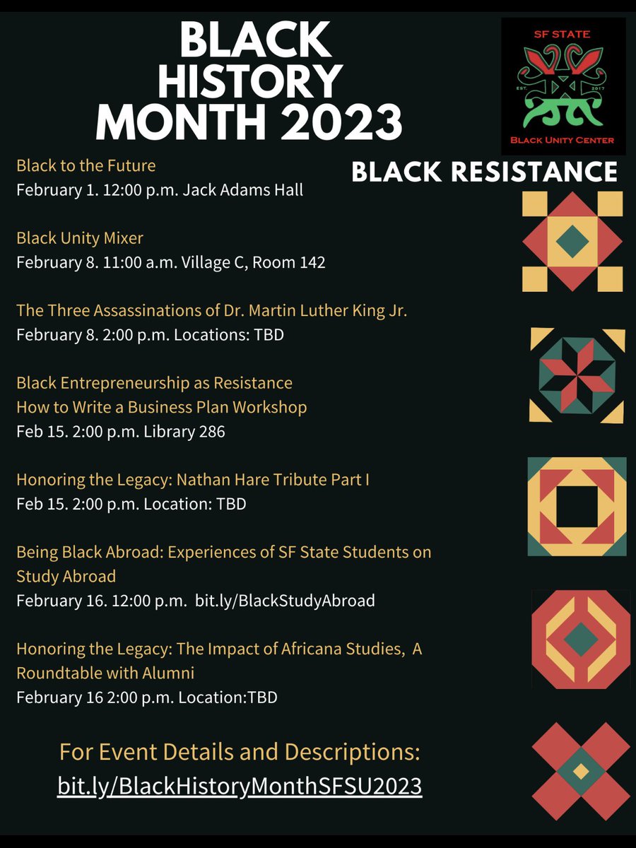 tarshelbeards's tweet photo. Black History Month 2023 is my last month serving as Director of the @blackunitysfsu. Happy to spend the month in community celebrating Our History, Ancestors, Culture and Joy. Join us. #BlackUnitySFSU https://t.co/ey3vI2PL28