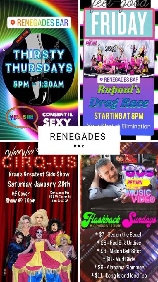 RenegadesBarSJ's tweet photo. 2 more days until CIRQ-US on Saturday but until then, join us tonight for Thirsty Thursdays and Rupaul’s Drag Race on Friday 😊
#thirstythursdays
#rupaulsdragrace
#cirqus
#flashbacksundays
#bdsm
#consentissexy
#drinkandlearn
#renegadesbarsj
#thekiltedbartender https://t.co/Qa9sm5rClK