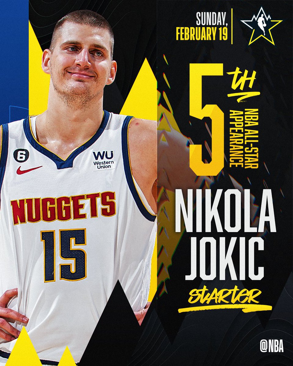 NBAAllStar's tweet photo. Making his 5th #NBAAllStar appearance... Nikola Jokic of the @nuggets.

Drafted as the 41st pick in 2014 out of Serbia, Jokic is averaging 25.1 PPG, 11.0 RPG and 9.9 APG for the Nuggets this season. https://t.co/pZ4a8LuB6L
