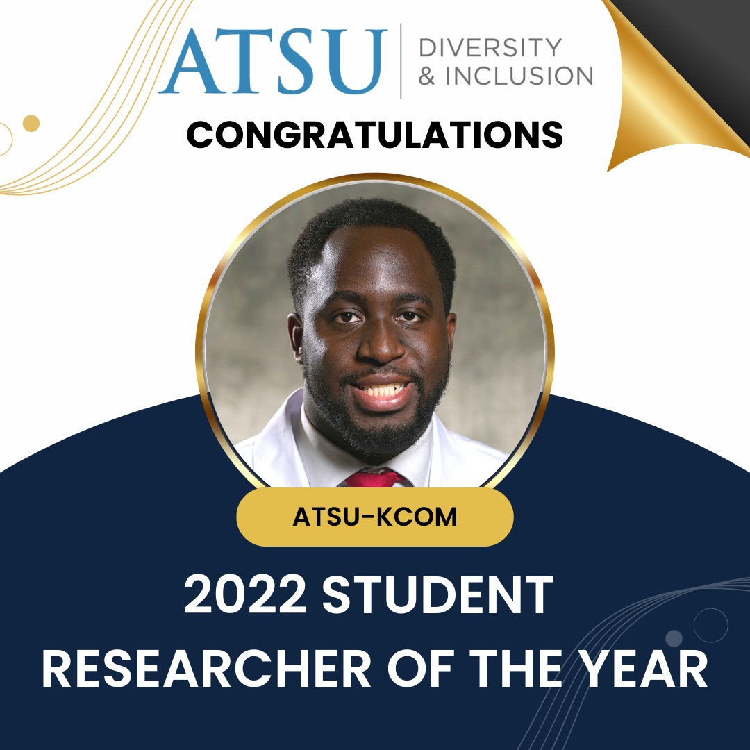 ATSUDiversity's tweet photo. Michael Megafu #ATSUKCOM was named Student Researcher of the Year and the "Best Research Award" by the SNMA. He was also awarded the "Kilfoyle Award for Best Podium Presentation" at the New England Orthopedic Society Fall Meeting.
Congratulations, Michael!
#ATSUDI https://t.co/SXKhin340K