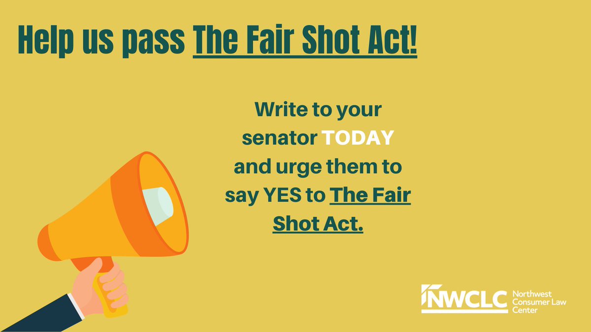 Help us increase our state’s exemptions and protect low-income Washington families from poverty! 
We partnered with NACBA to make it easy for you to tell your state senator to vote YES on the Fair Shot Act. Send a prewritten message to your senator now! : votervoice.net/NACBA/Campaign…
